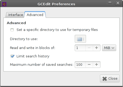 preferences window, advanced tab