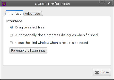 preferences window, interface tab